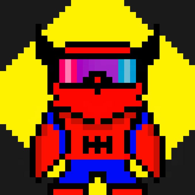 Pixel art of a character with yellow hair, a red suit with an 'M' logo, and a colorful VR-style visor against a black background.