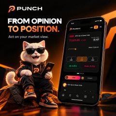 An advertisement for PUNCH featuring the tagline 'FROM OPINION TO POSITION. Act on your market view,' depicting a cat character in sunglasses next to a smartphone showing a trading interface.