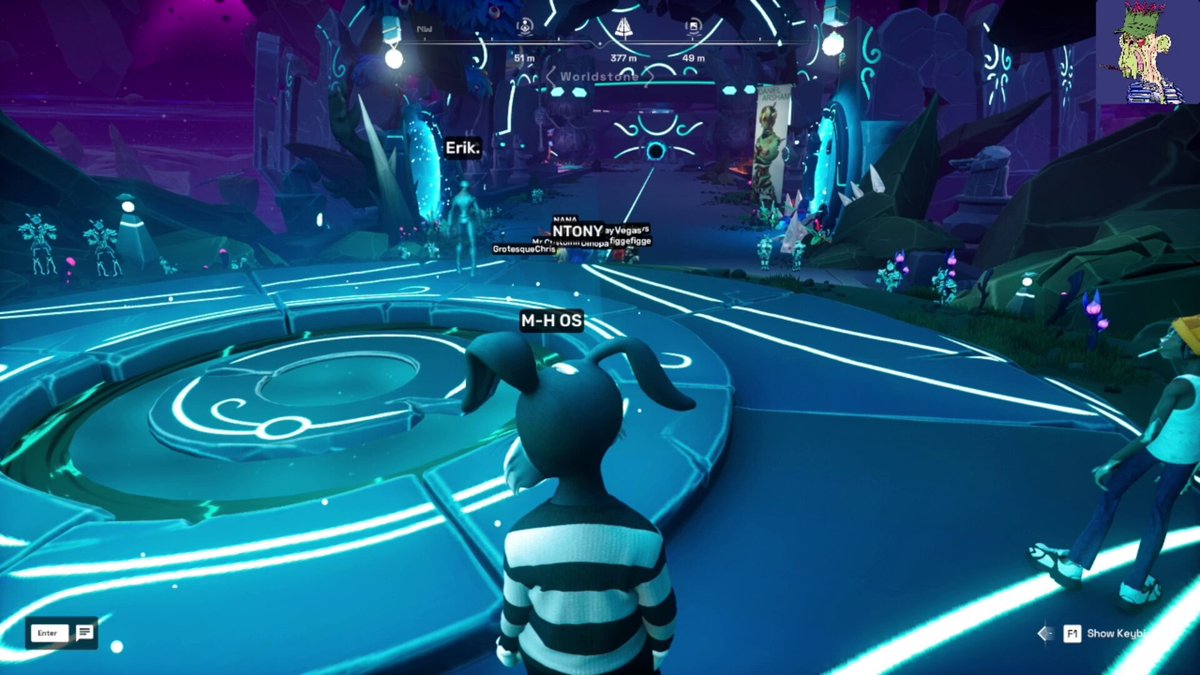 In this image, there are two main characters - a person wearing a striped shirt and another character with a green hat. They are standing next to each other near a blue circle that has a white line running through it. The background of the image is filled with purple and blue colors, giving it an immersive gaming atmosphere. There are also several other characters in the scene, some of which appear to be from the game itself.