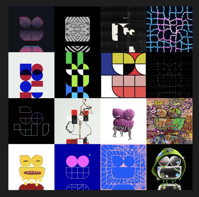 A 4x4 grid collage of various abstract, geometric, and character-based digital art designs featuring bold colors, patterns, and stylized faces.