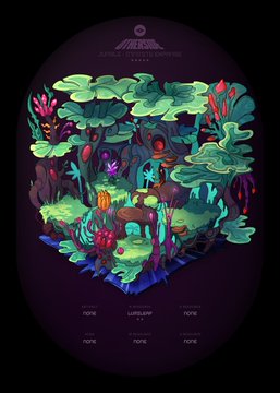 A colorful digital illustration of an enchanted forest ecosystem with vibrant green canopies, exotic plants, and various species in a dark frame, titled 'MIKO TERRARIUM' at the top.