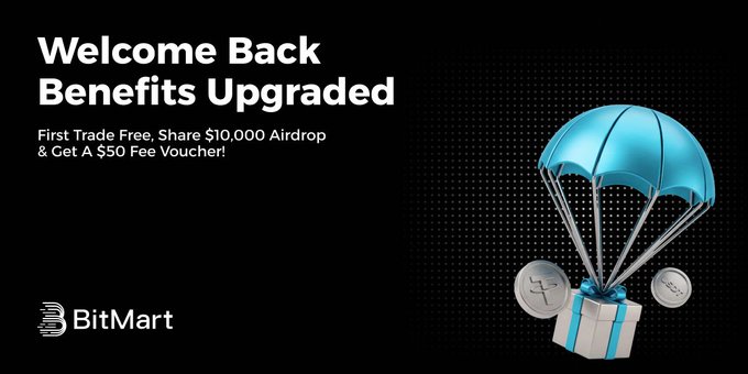 The image shows an advertisement for a new triple reward program that provides benefits. The advertisement features a blue parachute with three coins floating above it, symbolizing the rewards available through this program. The text at the bottom of the image includes details about the program's terms and conditions, which include the first trade-off being 100% fee rebate on the first trade – up to $10,000 prize pool. Participants are also offered a chance to win a $500 VIP4 trial card if they can lock in one of ten lowest-barrier tasks. The image is set against a black background with white text and graphics, effectively conveying the program's main benefits.
