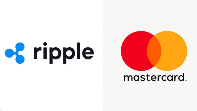 The image features two logos side by side, with one being a logo for Ripple cryptocurrency and the other representing Mastercard. The Ripple logo consists of three blue circles stacked vertically, while the Mastercard logo displays an orange circle surrounded by a red border. Both logos are placed on a white background, making them stand out against it.