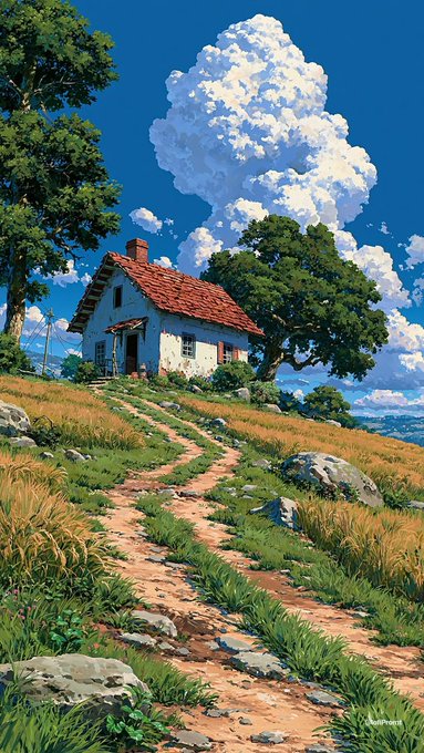 A pixel art illustration of a small white house with a red roof on a grassy hill, with a large cumulus cloud in the blue sky.