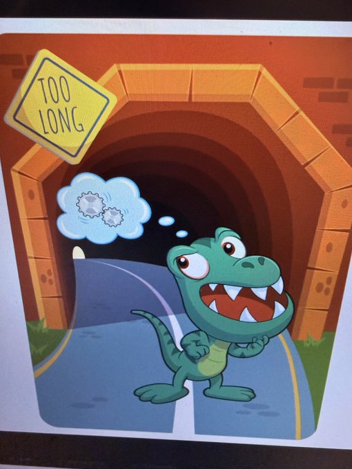 A cartoon crocodile stands outside a tunnel holding a sign that reads 'TOO LONG' while a thought bubble shows a 'try again' retry icon.