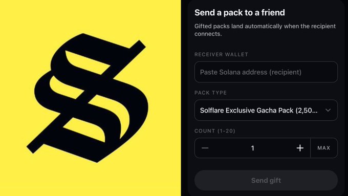 A screenshot showing the Solflare logo on yellow and a 'Send a pack to a friend' interface with fields for 'Receiver Wallet' (Paste Solana address), 'Pack Type' (Solflare Exclusive Gacha Pack), 'Count (1-20)' set to 1, and a 'Send gift' button.