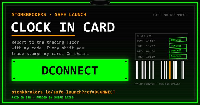 A digital 'CLOCK IN CARD' labeled 'STONKBROKERS · SAFE LAUNCH' with card number 'DCONNECT', featuring a barcode and a shift log showing multiple 'PUNCHED' entries on a black and green background.
