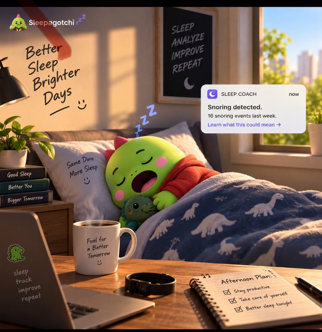 An illustration of a green dinosaur mascot named 'Sleepagotchi' yawning in bed, with a notification bubble from a 'SLEEP COACH' reporting 16 snoring events last week and chalkboard text reading 'SLEEP ANALYZE IMPROVE REPEAT'.