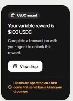 This image shows a notification for a "$100 USDC reward" from MoonPay, which the user is complaining about due to regional restrictions. The notification states that claims are on a first-come, first-serve basis.