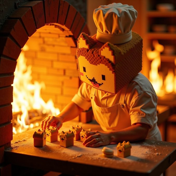 An artistic illustration of a chef wearing a pixelated cat head mask, working at a table in front of a brick oven fire.