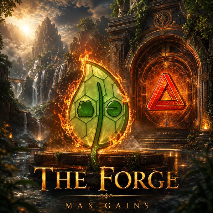 A fantasy-themed graphic features a green leaf emblem engulfed in flames alongside a glowing red triangular symbol, set against an ancient ruin, with the text 'THE FORGE MAX GAINS'.