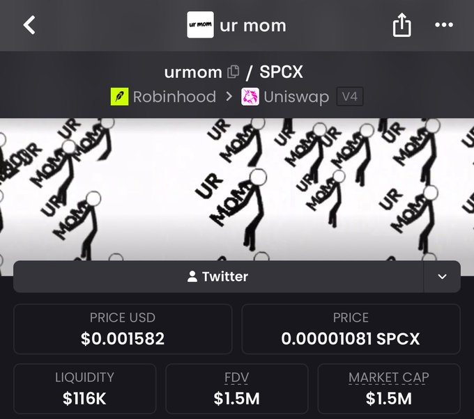 A cryptocurrency tracking interface for token 'ur mom' (ticker: SPCX) showing a price of $0.001582 USD, $116K liquidity, and a $1.5M market cap.