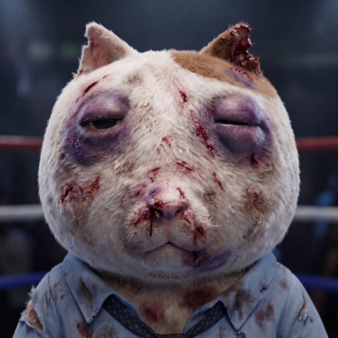 A close-up image of a battered and bloodied anthropomorphic cat character wearing a torn blue shirt, appearing to be in a boxing ring.