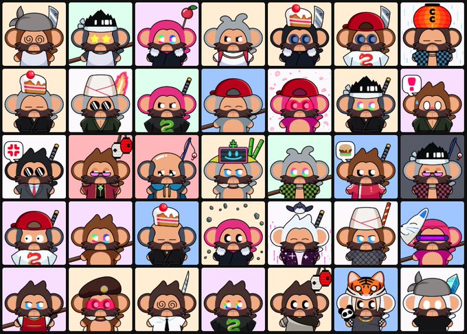 A grid displaying numerous cartoon monkey NFT characters with various accessories, outfits, and designs in different colors and themes.