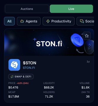 A cryptocurrency tracking app showing the STON.fi ($STON) token with a -4.6% price drop to $0.476, $17.8M market cap, $68.2K liquidity, and $1.6K 24H trading volume.