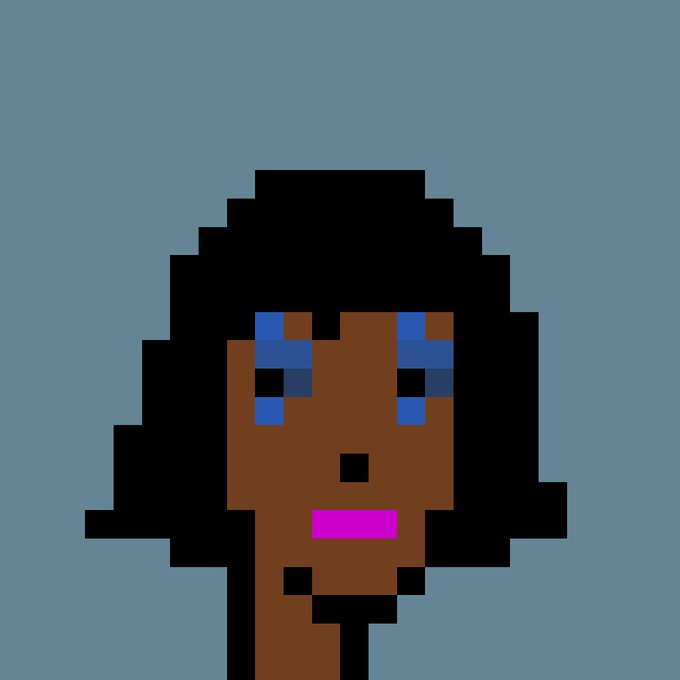Pixel art portrait of a person with dark skin, black curly hair, blue eyes, and pink lips set against a blue background.