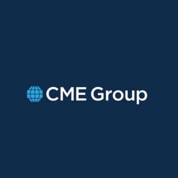 A logo for "CME Group" featuring a blue globe icon on a dark blue background.
