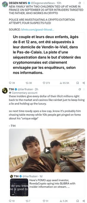 Twitter/X screenshots showing DEGEN NEWS and TIH (@Tier1Hater) posts about a crypto extortion incident and a FOMO app scam.