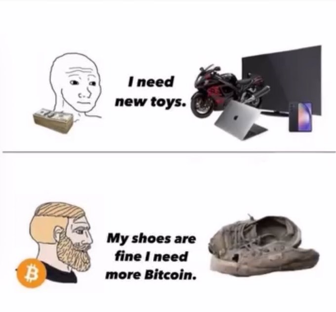 A two-panel meme contrasting a "wojak" character wanting "new toys" like a motorcycle and electronics with a "Nord" character holding a Bitcoin logo who says "My shoes are fine I need more Bitcoin."