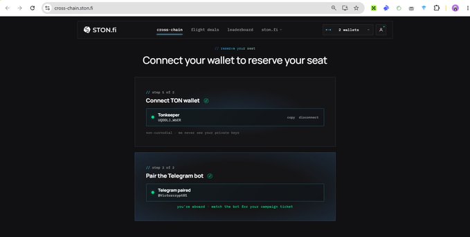 A dark-themed webpage on cross-chain.ston.fi shows steps to reserve a seat: Step 1 to connect a TON wallet (Tonkeeper) and Step 2 to pair with the Telegram bot.