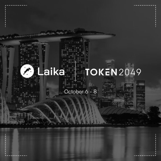 A black and white promotional graphic for 'Laika | TOKEN2049' event taking place October 6-8, featuring a stylized cityscape of Singapore with the Marina Bay Sands and ArtScience Museum.