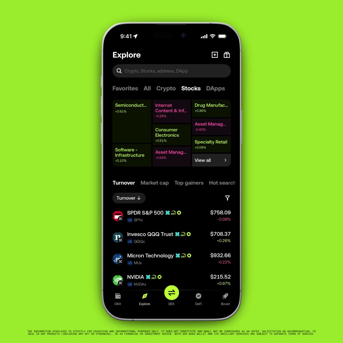 A smartphone displays the OKX Wallet app's Explore page, featuring a stock market dashboard with categories like Semiconductors (+0.91%), Internet Content (-0.28%), and Drug Manufacturing (-0.36%), alongside individual stocks including SPDR S&P 500 ($758.09), Invesco QQQ Trust ($708.37), Micron Technology ($932.66), and NVIDIA ($215.52). The image relates to the post about bridging assets across chains by showcasing the wallet's built-in DEX and DeFi features, enabling users to move assets securely between blockchains directly within the app.