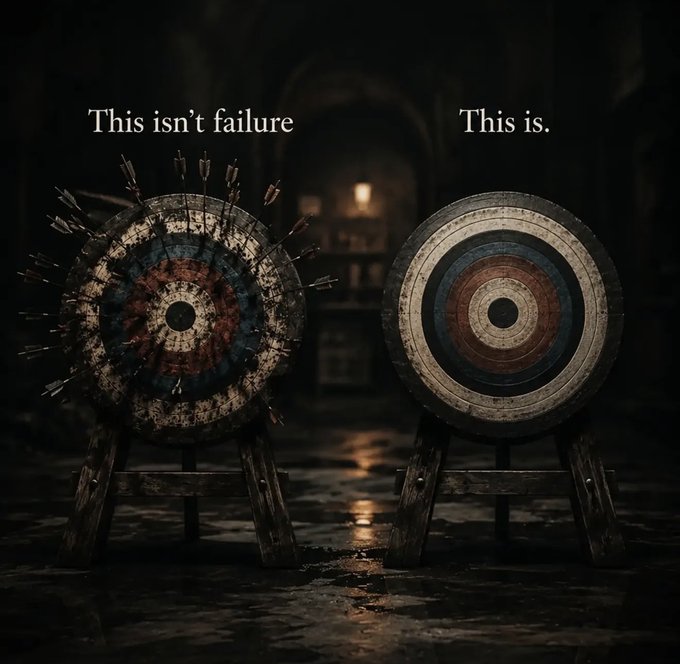 A motivational image showing two archery targets with text 'This isn't failure' over the bullet-riddled left target and 'This is.' over the clean right target.