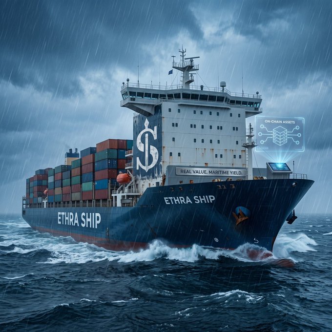 A large cargo ship named 'ETHRA SHIP' sails through stormy seas, branded with the Ethereum symbol and a sign reading 'REAL VALUE. MARITIME YIELD,' with a holographic 'ON-CHAIN ASSETS' display nearby.