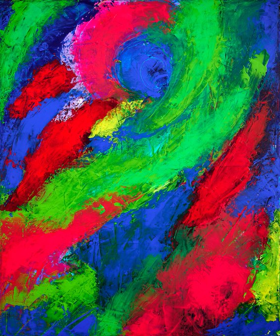 An abstract painting with swirling, thick strokes of red, green, and blue forming dynamic, swirling patterns reminiscent of a spiral.