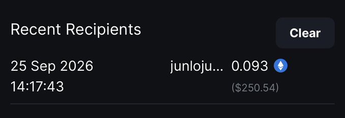 The image shows a "Recent Recipients" panel on a dark background, displaying a transaction dated 25 Sep 2026 at 14:17:43 where 0.093 ETH (approximately $250.54) was sent to "junloju..." with an Ethereum icon, confirming the receipt of the ~$250 crypto transfer mentioned in the post.