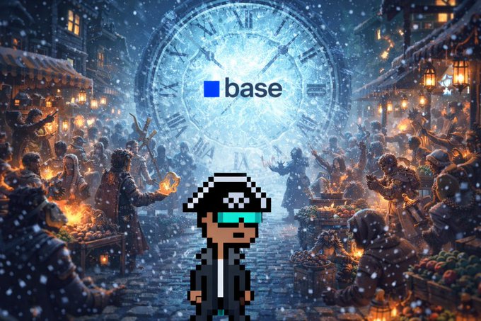 Pixel art character wearing VR goggles and sunglasses standing in front of a fantasy winter market crowd scene with the Coinbase 'base' logo floating in a glowing clock portal.