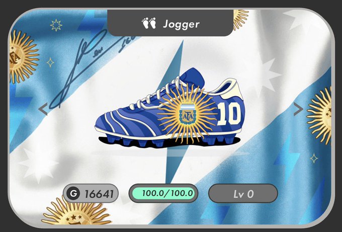 A STEPN app Jogger screen displaying a blue Argentina-themed soccer cleat NFT at Level 0 with 16641 gems and 100.0/100.0 durability.