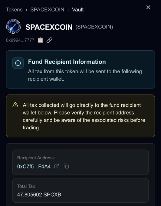 A SushiSwap vault interface showing SPACEXCOIN (SPCXB) token details, with a total tax of 47.805602 SPCXB directed to fund recipient wallet 0xC75...F4A4. The post highlights that tax rewards from the CZ-inspired SpaceXCoin are sent to the GiggleAcademy donation wallet (0x9994...7777) "built the right way."
