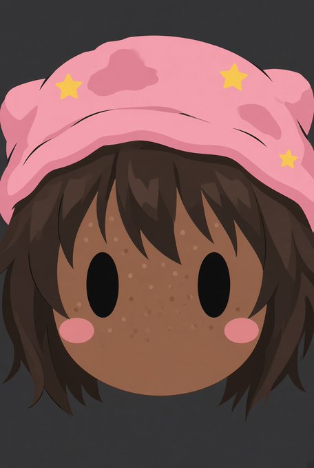 An illustration of a cute chibi-style character with brown hair, large eyes, and a pink sleep cap decorated with yellow stars against a dark background.