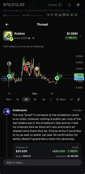 A Robinhood crypto screenshot showing a 'Thread' about Robbie token ($ROBBIE) at $1.08M market cap, featuring a candlestick chart and a user's post about potential rugpull risks.