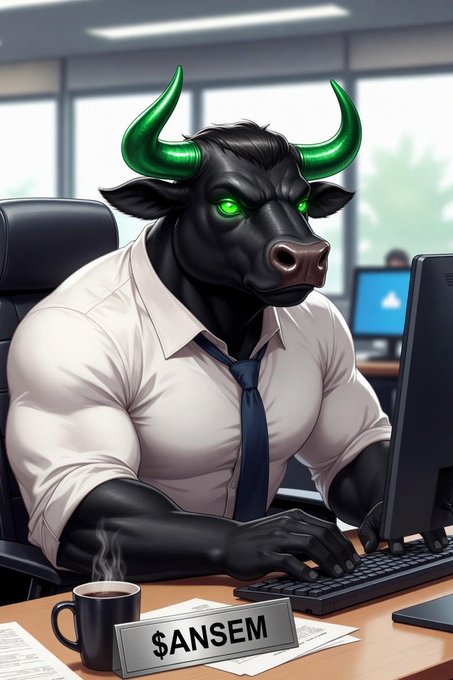 A muscular anthropomorphic black bull with glowing green eyes and green horns works at a computer in an office shirt and tie, with a nameplate reading "$ANSEM" on the desk.