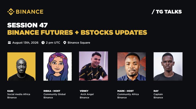 Promotional image for "Session 47: Binance Futures + Bstocks Updates" with the Binance and TG Talks logos, scheduled for August 13th, 2026 at 2 PM UTC at Binance Square, featuring speakers Kabi, Ribka (Host), Venky, Mark (Host), and Captain Ray. The image visually supports the post's announcement of an upcoming live session with a $150 quiz pool.