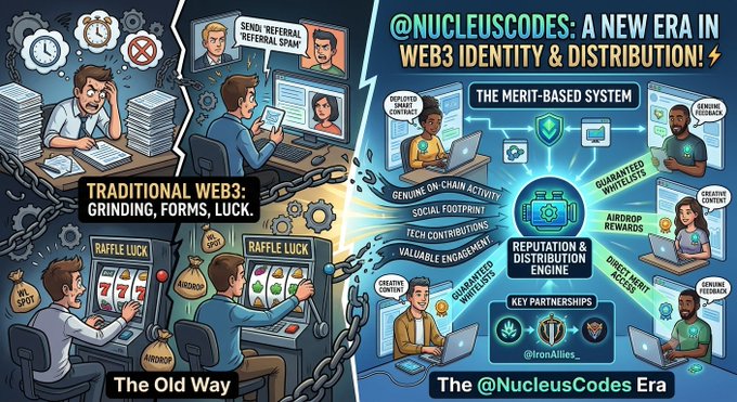 A promotional graphic titled '@NUCLEUSCODES: A NEW ERA IN WEB3 IDENTITY & DISTRIBUTION!' contrasts 'TRADITIONAL WEB3: GRINDING, FORMS, LUCK' with a merit-based system featuring reputation and distribution engine, with mentions of @IronAllies_.