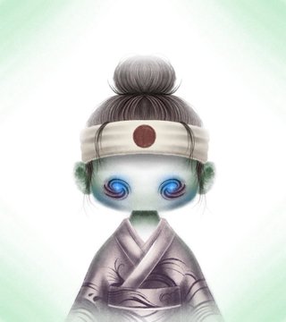 A stylized illustration of a creepy, doll-like character with a topknot, a Japanese headband with a red circle, glowing blue eyes, and a traditional purple garment, set against a pale green background.