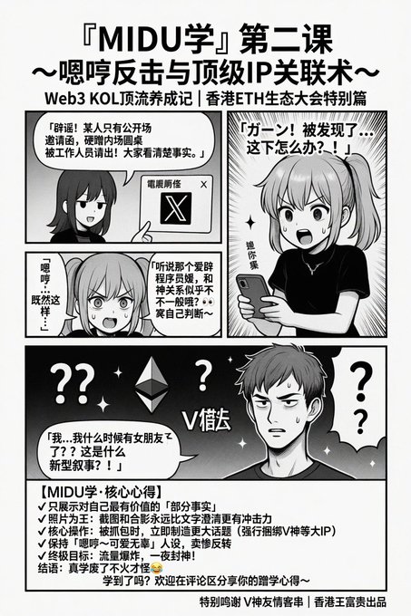 The image features a black and white comic strip with three panels, each depicting a different character. The first panel shows two people talking to each other, while the second panel depicts one person holding a cell phone. The third panel shows another person looking at the cell phone held by the first person in the second panel. The post is titled "MIDU学第二课", and it encourages users to "Focus on what is in the image and how it relates to the post".