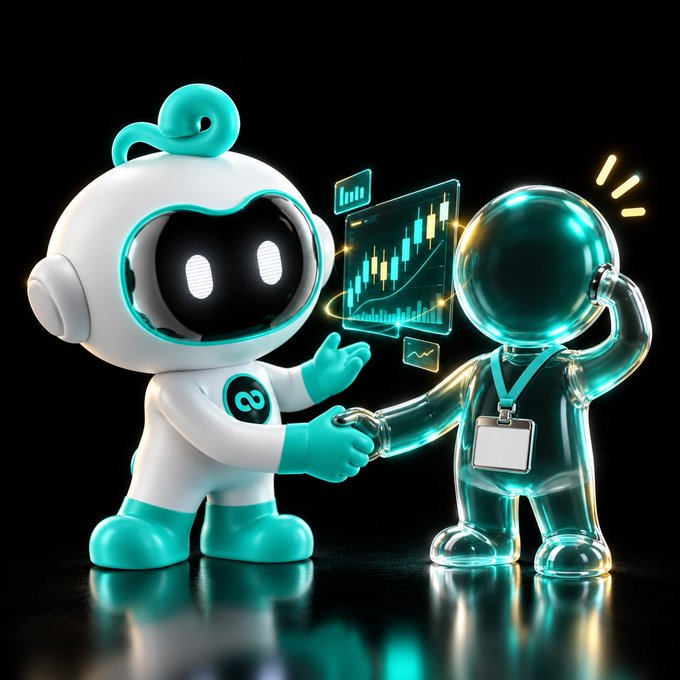 A 3D-rendered white and teal robot wearing an infinity symbol logo shakes hands with a translucent teal glass figure while a candlestick trading chart hovers between them.