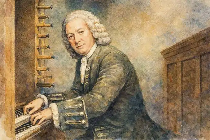 A watercolor-style portrait depicts Johann Sebastian Bach wearing an 18th-century powdered wig and dark coat, seated at an organ with stops visible and hands poised over the keys. The image supports the caption "BTC IS SO BACH" through a visual pun, using the Baroque composer's name to play on the word "back," likely referencing Bitcoin's (BTC) price movement.