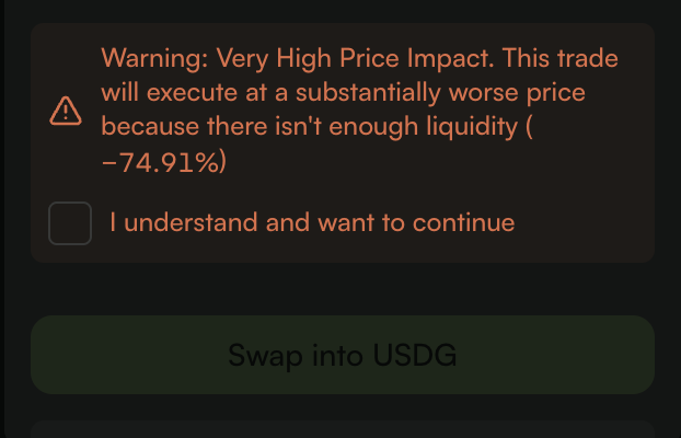A trading interface displays a warning of "Very High Price Impact," indicating a swap into USDG will execute at a -74.91% worse price due to insufficient liquidity, with an unchecked "I understand and want to continue" box above a disabled "Swap into USDG" button—illustrating the user's frustration with Arcus's poor liquidity for exiting the IONQ position.