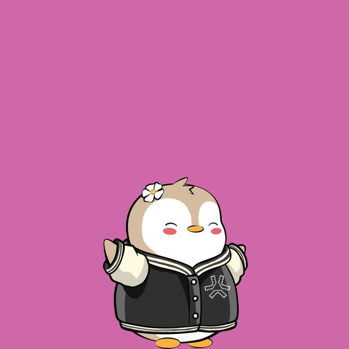 A cute cartoon penguin character with a flower on its head, wearing a black and white varsity jacket on a solid pink background.