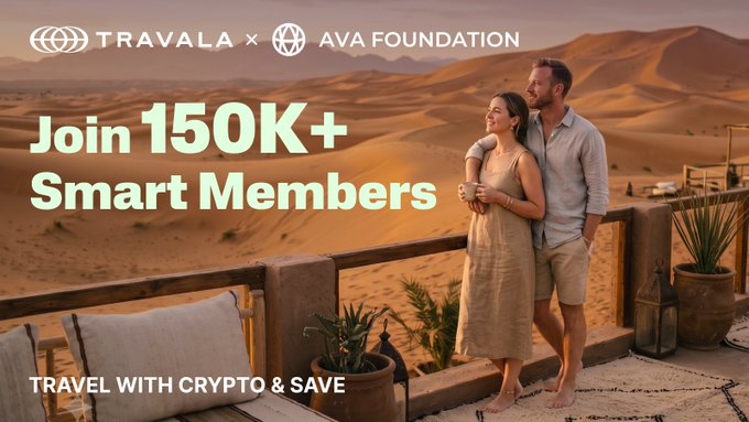 A promotional banner for 'TRAVALA x AVA FOUNDATION' invites viewers to 'Join 150K+ Smart Members' and 'TRAVEL WITH CRYPTO & SAVE,' showing a couple on a desert balcony.