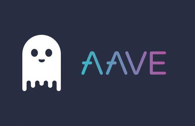The Aave logo features a stylized white ghost next to the Aave name, rendered in a gradient of cyan to purple. This image visually represents the Aave brand as it expands into new areas of fintech.