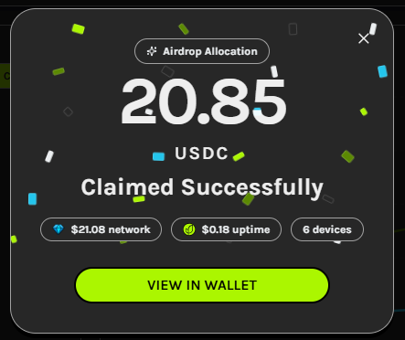 The image shows a Grass airdrop allocation confirmation popup displaying a claimed reward of 20.85 USDC, along with details showing $21.08 network fees, $0.18 uptime earnings, and 6 devices. The bright green "VIEW IN WALLET" button and "Claimed Successfully" message align with the post describing the user successfully claiming their S2 rewards to a dedicated wallet, noting the absence of a withdrawal option.