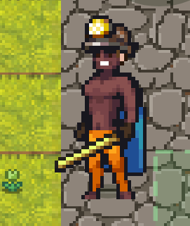 A pixel art character wearing a miner's helmet with a headlamp and holding a pickaxe stands on rocky terrain next to a grassy area with a small plant, fitting the post's theme of mining in the $harvest crypto project.