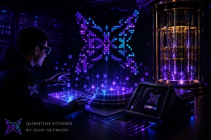 A futuristic scene with a person wearing AR glasses interacting with a glowing purple holographic butterfly display, labeled 'QUANTUM ECHOES BY QUIP NETWORK' with 'QWRPOS' on a nearby screen.