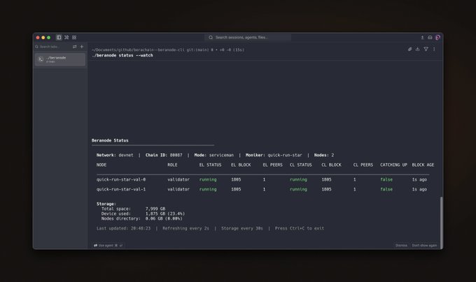 A terminal window displays Beranode status output showing validator nodes 'quick-run-star-val-0' and 'quick-run-star-val-1' as running, with storage stats of 7.999 GB total space used out of 8 GB.